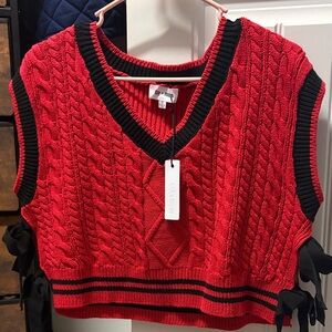 Red Cable Knit Sweater Vest with Black Trim